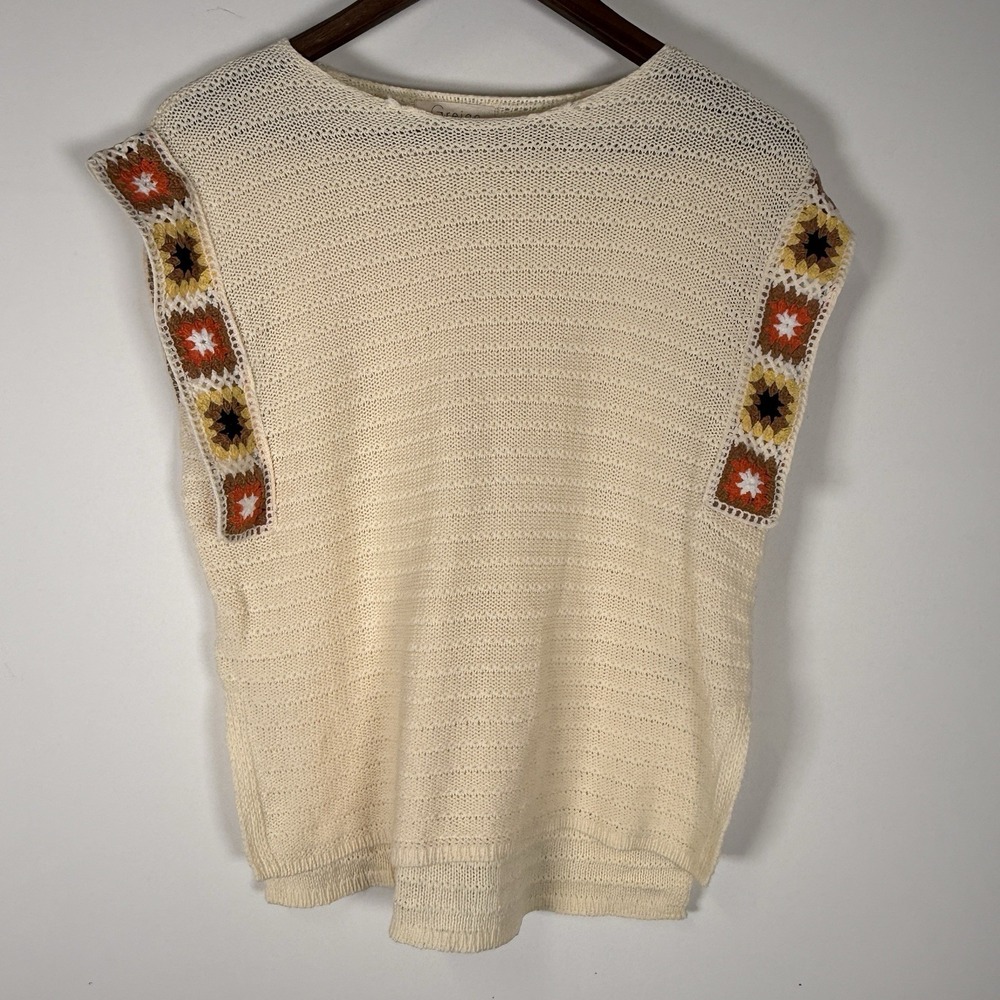 Greige  Knit Crocheted Granny Square‎ Tank Shirt Size Medium